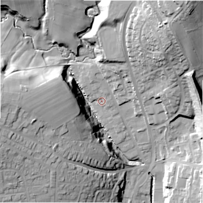 Shaded relief map of the ground around HD64DF, computed from Environment Agency LiDAR. The ground here sits at about 84 m above sea level and falls 54 m across the surrounding 800 m. Surface water reaching this point runs off ground lying to the north-north-west, 4.0 m higher.