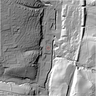 Shaded relief map of the ground around HD64DJ, computed from Environment Agency LiDAR. The ground here sits at about 76 m above sea level and falls 63 m across the surrounding 800 m. Surface water reaching this point runs off ground lying to the east, 47.6 m higher.