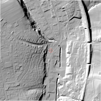 Shaded relief map of the ground around HD64DN, computed from Environment Agency LiDAR. The ground here sits at about 80 m above sea level and falls 48 m across the surrounding 800 m. Surface water reaching this point runs off ground lying to the west-north-west, 28.0 m higher.