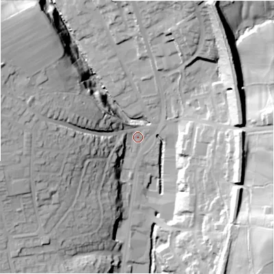 Shaded relief map of the ground around HD64DP, computed from Environment Agency LiDAR. The ground here sits at about 80 m above sea level and falls 49 m across the surrounding 800 m. Surface water reaching this point runs off ground lying to the west-north-west, 32.4 m higher.