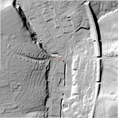 Shaded relief map of the ground around HD64DW, computed from Environment Agency LiDAR. The ground here sits at about 80 m above sea level and falls 52 m across the surrounding 800 m. Surface water reaching this point runs off ground lying to the west-north-west, 37.7 m higher.