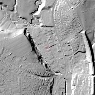 Shaded relief map of the ground around HD64DX, computed from Environment Agency LiDAR. The ground here sits at about 84 m above sea level and falls 52 m across the surrounding 800 m. Surface water reaching this point runs off ground lying to the north, 17.2 m higher.