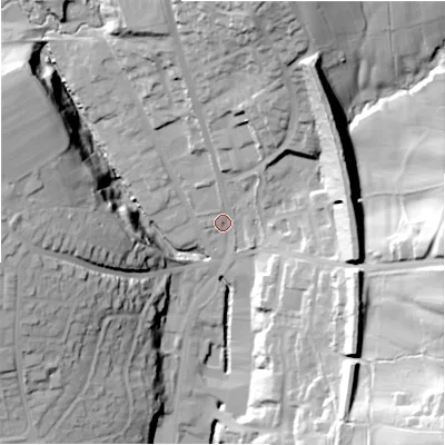 Shaded relief map of the ground around HD64DY, computed from Environment Agency LiDAR. The ground here sits at about 81 m above sea level and falls 55 m across the surrounding 800 m. Surface water reaching this point runs off ground lying to the north, 34.9 m higher.