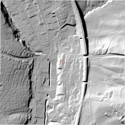 Shaded relief map of the ground around HD64EN, computed from Environment Agency LiDAR. The ground here sits at about 89 m above sea level and falls 67 m across the surrounding 800 m. Surface water reaching this point runs off ground lying to the east-south-east, 9.7 m higher.
