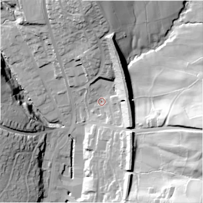 Shaded relief map of the ground around HD64FA, computed from Environment Agency LiDAR. The ground here sits at about 86 m above sea level and falls 65 m across the surrounding 800 m. Surface water reaching this point runs off ground lying to the north-north-east, 25.7 m higher.