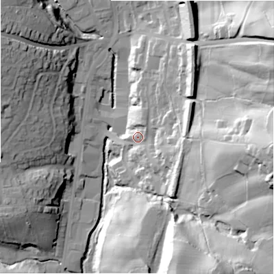Shaded relief map of the ground around HD64FD, computed from Environment Agency LiDAR. The ground here sits at about 86 m above sea level and falls 68 m across the surrounding 800 m. Surface water reaching this point runs off ground lying to the east, 53.2 m higher.