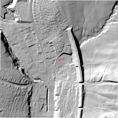 Shaded relief map of the ground around HD64FQ, computed from Environment Agency LiDAR. The ground here sits at about 88 m above sea level and falls 59 m across the surrounding 800 m. Surface water reaching this point runs off ground lying to the north, 31.7 m higher.