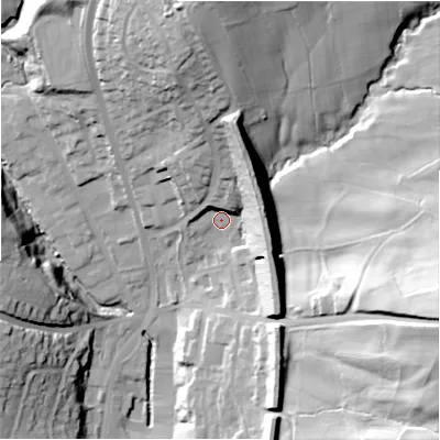 Shaded relief map of the ground around HD64FS, computed from Environment Agency LiDAR. The ground here sits at about 87 m above sea level and falls 64 m across the surrounding 800 m. Surface water reaching this point runs off ground lying to the north-north-east, 24.0 m higher.