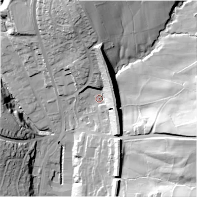 Shaded relief map of the ground around HD64FT, computed from Environment Agency LiDAR. The ground here sits at about 87 m above sea level and falls 67 m across the surrounding 800 m. Surface water reaching this point runs off ground lying to the north, 24.2 m higher.