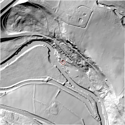 Shaded relief map of the ground around HD64HA, computed from Environment Agency LiDAR. The ground here sits at about 50 m above sea level and falls 51 m across the surrounding 800 m. Surface water reaching this point runs off ground lying to the north, 14.8 m higher.