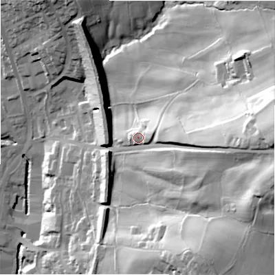 Shaded relief map of the ground around HD64JJ, computed from Environment Agency LiDAR. The ground here sits at about 111 m above sea level and falls 87 m across the surrounding 800 m. Surface water reaching this point runs off ground lying to the east, 21.0 m higher.