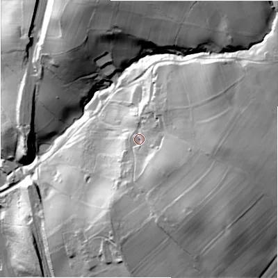 Shaded relief map of the ground around HD64JQ, computed from Environment Agency LiDAR. The ground here sits at about 110 m above sea level and falls 73 m across the surrounding 800 m. Surface water reaching this point runs off ground lying to the south-east, 23.5 m higher.