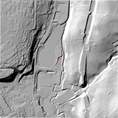 Shaded relief map of the ground around HD64LX, computed from Environment Agency LiDAR. The ground here sits at about 65 m above sea level and falls 67 m across the surrounding 800 m. Surface water reaching this point runs off ground lying to the west-north-west, 3.0 m higher.