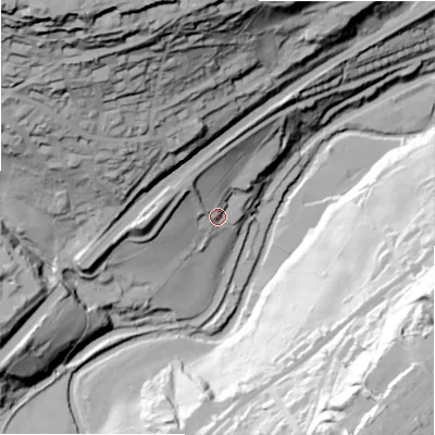 Shaded relief map of the ground around HD74EH, computed from Environment Agency LiDAR. The ground here sits at about 119 m above sea level and falls 117 m across the surrounding 800 m. Surface water reaching this point runs off ground lying to the north-west, 18.9 m higher.