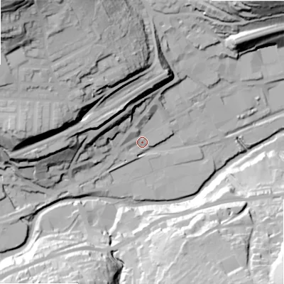 Shaded relief map of the ground around HD75AB, computed from Environment Agency LiDAR. The ground here sits at about 135 m above sea level and falls 87 m across the surrounding 800 m. Surface water reaching this point runs off ground lying to the north-west, 24.3 m higher.