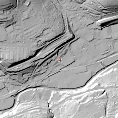 Shaded relief map of the ground around HD75AG, computed from Environment Agency LiDAR. The ground here sits at about 139 m above sea level and falls 94 m across the surrounding 800 m. Surface water reaching this point runs off ground lying to the west-north-west, 24.3 m higher.