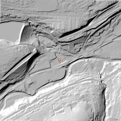 Shaded relief map of the ground around HD75AR, computed from Environment Agency LiDAR. The ground here sits at about 135 m above sea level and falls 69 m across the surrounding 800 m. Surface water reaching this point runs off ground lying to the north-north-west, 52.4 m higher.