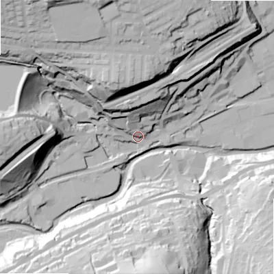 Shaded relief map of the ground around HD75AS, computed from Environment Agency LiDAR. The ground here sits at about 139 m above sea level and falls 66 m across the surrounding 800 m. Surface water reaching this point runs off ground lying to the north-north-west, 59.8 m higher.