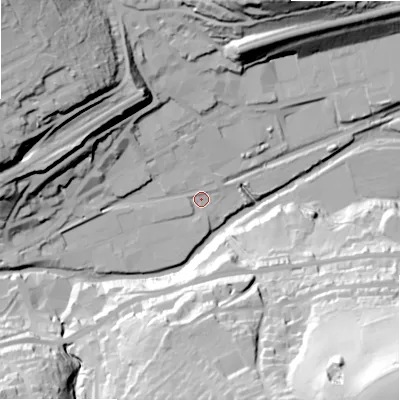 Shaded relief map of the ground around HD75BA, computed from Environment Agency LiDAR. The ground here sits at about 131 m above sea level and falls 90 m across the surrounding 800 m. Surface water reaching this point runs off ground lying to the north-west, 49.0 m higher.