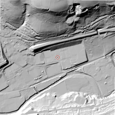 Shaded relief map of the ground around HD75BB, computed from Environment Agency LiDAR. The ground here sits at about 131 m above sea level and falls 113 m across the surrounding 800 m. Surface water reaching this point runs off ground lying to the north-west, 22.8 m higher.