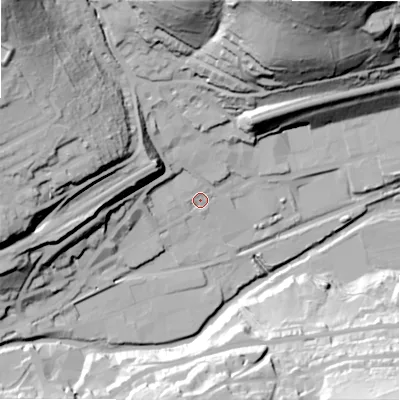 Shaded relief map of the ground around HD75BD, computed from Environment Agency LiDAR. The ground here sits at about 135 m above sea level and falls 89 m across the surrounding 800 m. Surface water reaching this point runs off ground lying to the west-north-west, 45.3 m higher.