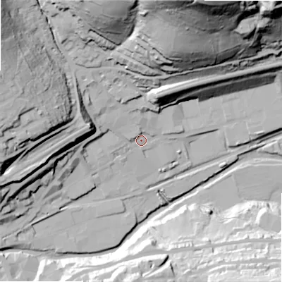 Shaded relief map of the ground around HD75BE, computed from Environment Agency LiDAR. The ground here sits at about 134 m above sea level and falls 104 m across the surrounding 800 m. Surface water reaching this point runs off ground lying to the north-north-west, 58.8 m higher.
