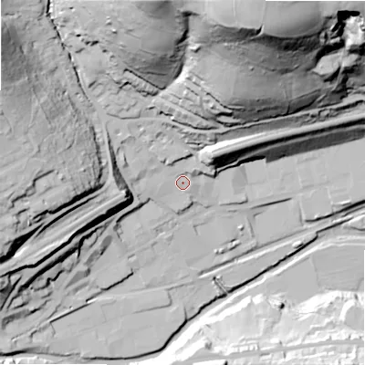Shaded relief map of the ground around HD75BG, computed from Environment Agency LiDAR. The ground here sits at about 137 m above sea level and falls 109 m across the surrounding 800 m. Surface water reaching this point runs off ground lying to the north-north-east, 95.4 m higher.