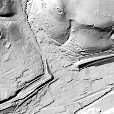 Shaded relief map of the ground around HD75BL, computed from Environment Agency LiDAR. The ground here sits at about 143 m above sea level and falls 117 m across the surrounding 800 m. Surface water reaching this point runs off ground lying to the north-east, 96.3 m higher.