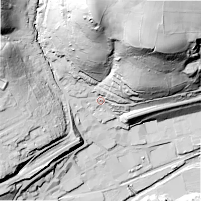 Shaded relief map of the ground around HD75BN, computed from Environment Agency LiDAR. The ground here sits at about 146 m above sea level and falls 122 m across the surrounding 800 m. Surface water reaching this point runs off ground lying to the north-east, 85.1 m higher.
