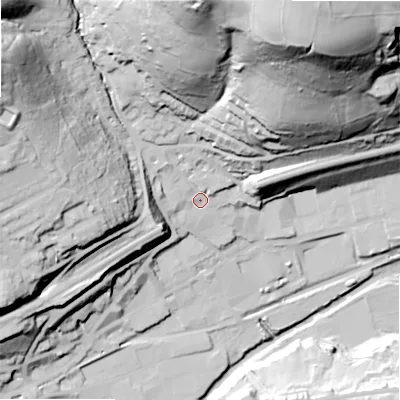Shaded relief map of the ground around HD75BQ, computed from Environment Agency LiDAR. The ground here sits at about 139 m above sea level and falls 110 m across the surrounding 800 m. Surface water reaching this point runs off ground lying to the north-north-east, 95.5 m higher.