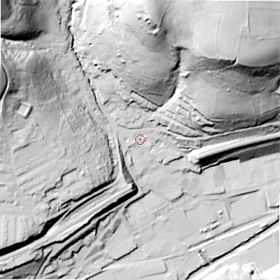 Shaded relief map of the ground around HD75BR, computed from Environment Agency LiDAR. The ground here sits at about 143 m above sea level and falls 115 m across the surrounding 800 m. Surface water reaching this point runs off ground lying to the north-east, 95.8 m higher.