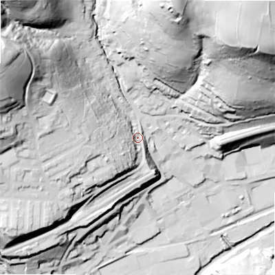Shaded relief map of the ground around HD75BS, computed from Environment Agency LiDAR. The ground here sits at about 149 m above sea level and falls 111 m across the surrounding 800 m. Surface water reaching this point runs off ground lying to the south-west, 32.0 m higher.