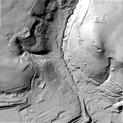 Shaded relief map of the ground around HD75BZ, computed from Environment Agency LiDAR. The ground here sits at about 160 m above sea level and falls 131 m across the surrounding 800 m. Surface water reaching this point runs off ground lying to the north-west, 109.4 m higher.