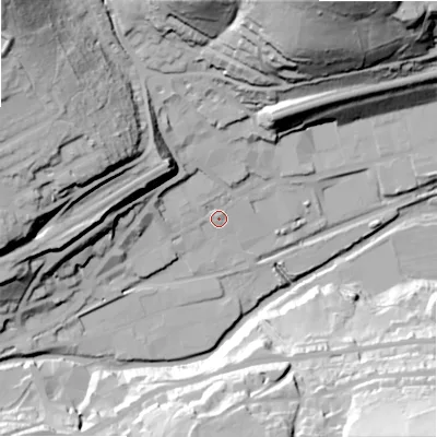 Shaded relief map of the ground around HD75FB, computed from Environment Agency LiDAR. The ground here sits at about 134 m above sea level and falls 77 m across the surrounding 800 m. Surface water reaching this point runs off ground lying to the west-north-west, 45.8 m higher.