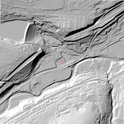 Shaded relief map of the ground around HD75FE, computed from Environment Agency LiDAR. The ground here sits at about 137 m above sea level and falls 71 m across the surrounding 800 m. Surface water reaching this point runs off ground lying to the west, 43.6 m higher.