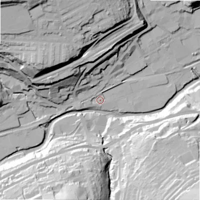 Shaded relief map of the ground around HD75JN, computed from Environment Agency LiDAR. The ground here sits at about 133 m above sea level and falls 70 m across the surrounding 800 m. Surface water reaching this point runs off ground lying to the west-north-west, 29.6 m higher.