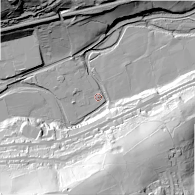 Shaded relief map of the ground around HD75QE, computed from Environment Agency LiDAR. The ground here sits at about 123 m above sea level and falls 90 m across the surrounding 800 m. Surface water reaching this point runs off ground lying to the south-south-west, 84.6 m higher.