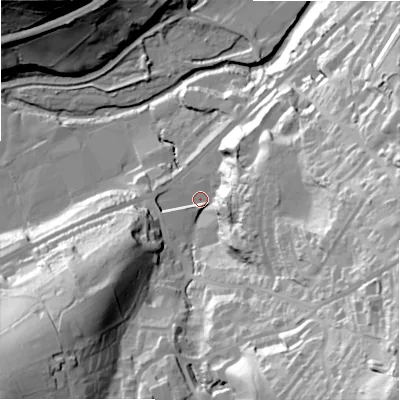 Shaded relief map of the ground around HD75QG, computed from Environment Agency LiDAR. The ground here sits at about 126 m above sea level and falls 92 m across the surrounding 800 m. Surface water reaching this point runs off ground lying to the south-east, 76.4 m higher.