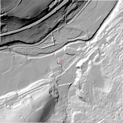 Shaded relief map of the ground around HD75QL, computed from Environment Agency LiDAR. The ground here sits at about 121 m above sea level and falls 102 m across the surrounding 800 m. Surface water reaching this point runs off ground lying to the south-east, 65.5 m higher.