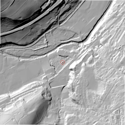 Shaded relief map of the ground around HD75QN, computed from Environment Agency LiDAR. The ground here sits at about 123 m above sea level and falls 95 m across the surrounding 800 m. Surface water reaching this point runs off ground lying to the east-north-east, 7.1 m higher.
