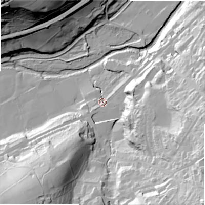 Shaded relief map of the ground around HD75QQ, computed from Environment Agency LiDAR. The ground here sits at about 124 m above sea level and falls 85 m across the surrounding 800 m. Surface water reaching this point runs off ground lying to the south-east, 67.2 m higher.