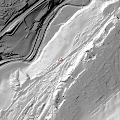 Shaded relief map of the ground around HD75QY, computed from Environment Agency LiDAR. The ground here sits at about 146 m above sea level and falls 120 m across the surrounding 800 m. Surface water reaching this point runs off ground lying to the south-south-east, 46.0 m higher.