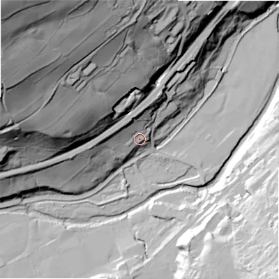 Shaded relief map of the ground around HD75RR, computed from Environment Agency LiDAR. The ground here sits at about 129 m above sea level and falls 152 m across the surrounding 800 m. Surface water reaching this point runs off ground lying to the north-west, 22.3 m higher.
