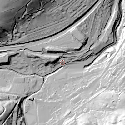 Shaded relief map of the ground around HD76AB, computed from Environment Agency LiDAR. The ground here sits at about 184 m above sea level and falls 109 m across the surrounding 800 m. Surface water reaching this point runs off ground lying to the south-west, 55.4 m higher.