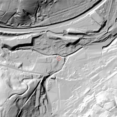 Shaded relief map of the ground around HD76AY, computed from Environment Agency LiDAR. The ground here sits at about 181 m above sea level and falls 94 m across the surrounding 800 m. Surface water reaching this point runs off ground lying to the south-west, 73.5 m higher.