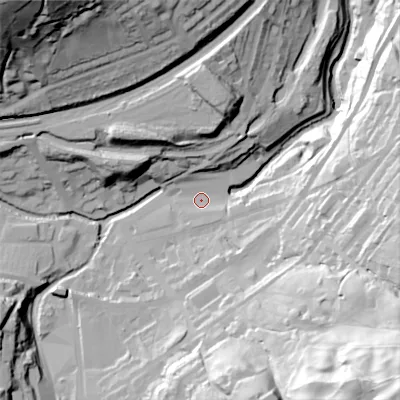 Shaded relief map of the ground around HD76AZ, computed from Environment Agency LiDAR. The ground here sits at about 179 m above sea level and falls 98 m across the surrounding 800 m. Surface water reaching this point runs off ground lying to the south-east, 88.2 m higher.