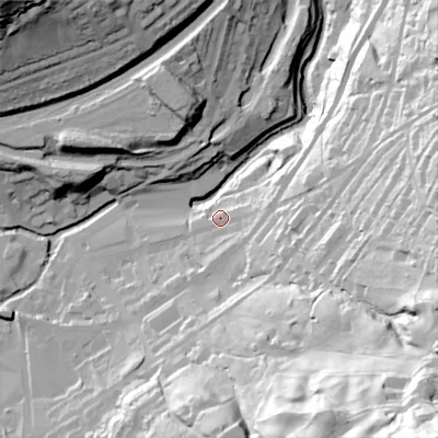 Shaded relief map of the ground around HD76BJ, computed from Environment Agency LiDAR. The ground here sits at about 185 m above sea level and falls 135 m across the surrounding 800 m. Surface water reaching this point runs off ground lying to the east, 51.9 m higher.