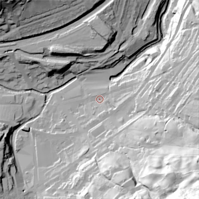 Shaded relief map of the ground around HD76BL, computed from Environment Agency LiDAR. The ground here sits at about 182 m above sea level and falls 134 m across the surrounding 800 m. Surface water reaching this point runs off ground lying to the south-east, 118.7 m higher.
