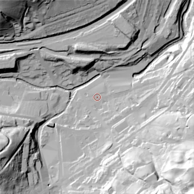 Shaded relief map of the ground around HD76BN, computed from Environment Agency LiDAR. The ground here sits at about 182 m above sea level and falls 103 m across the surrounding 800 m. Surface water reaching this point runs off ground lying to the south-south-east, 5.3 m higher.