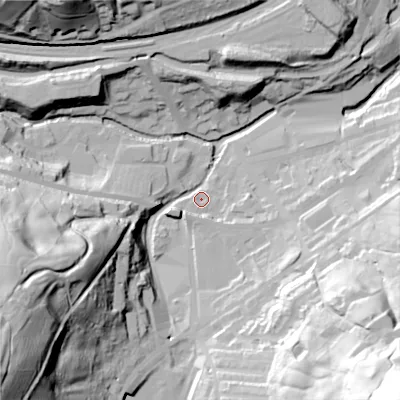 Shaded relief map of the ground around HD76BU, computed from Environment Agency LiDAR. The ground here sits at about 182 m above sea level and falls 114 m across the surrounding 800 m. Surface water reaching this point runs off ground lying to the south-east, 107.0 m higher.
